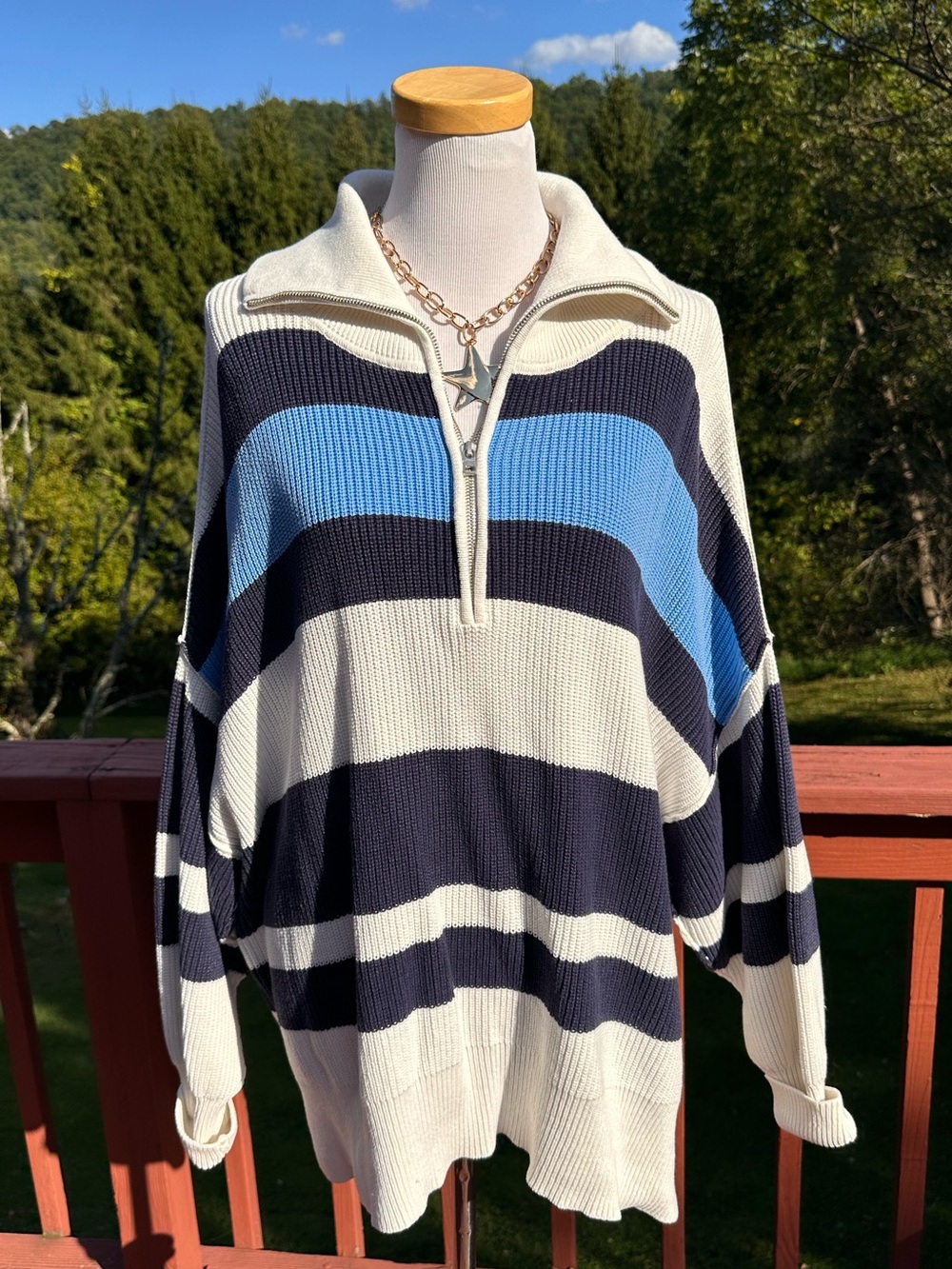 Aerie Oversized Striped Half-Zip Sweater in Navy, Light Blue & White